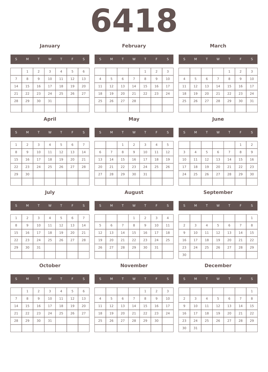 Printable 6418 Year Calendars wenge