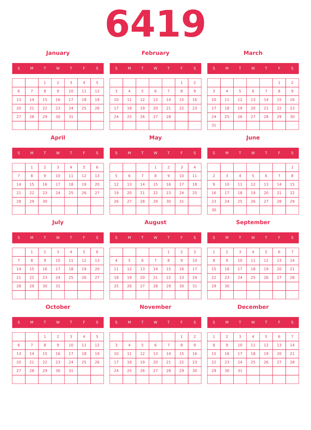 Printable 6419 Year Calendars amaranth