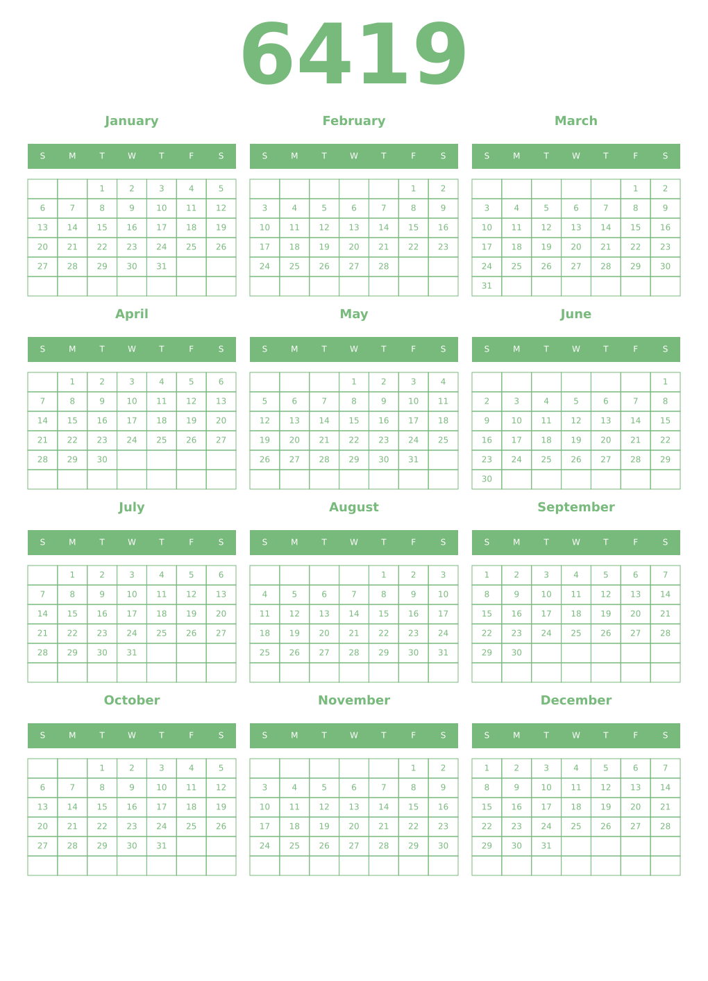 Printable 6419 Year Calendars celadon