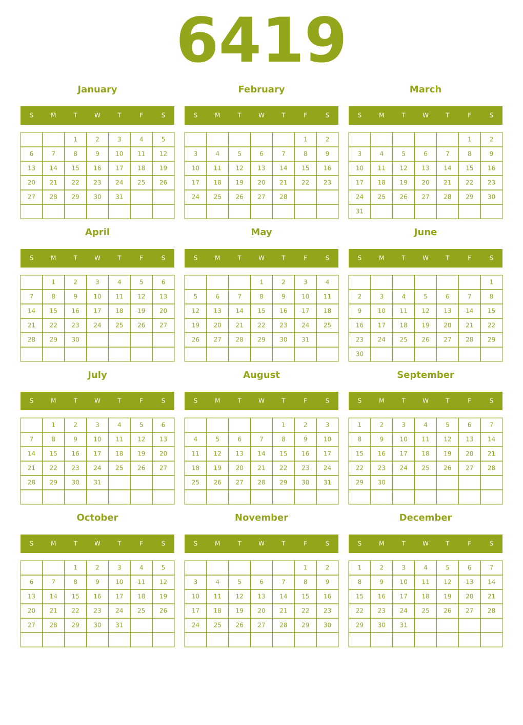 Printable 6419 Year Calendars chartreuse