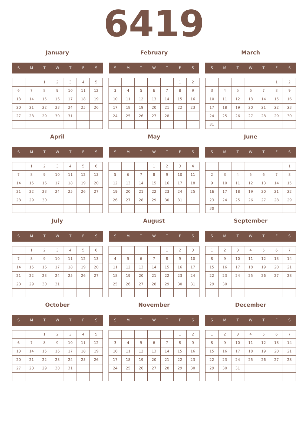 Printable 6419 Year Calendars coffe