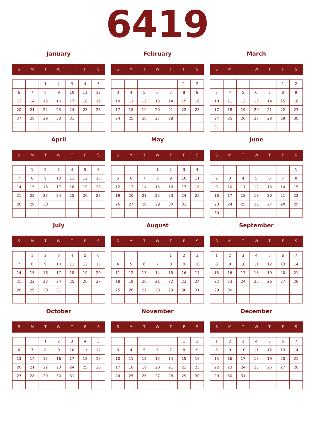 Printable 6419 Year Calendars falu