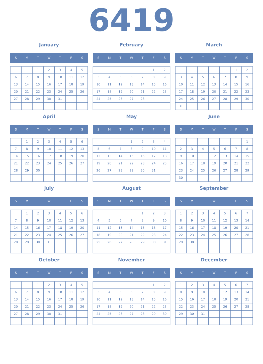 Printable 6419 Year Calendars glaucous