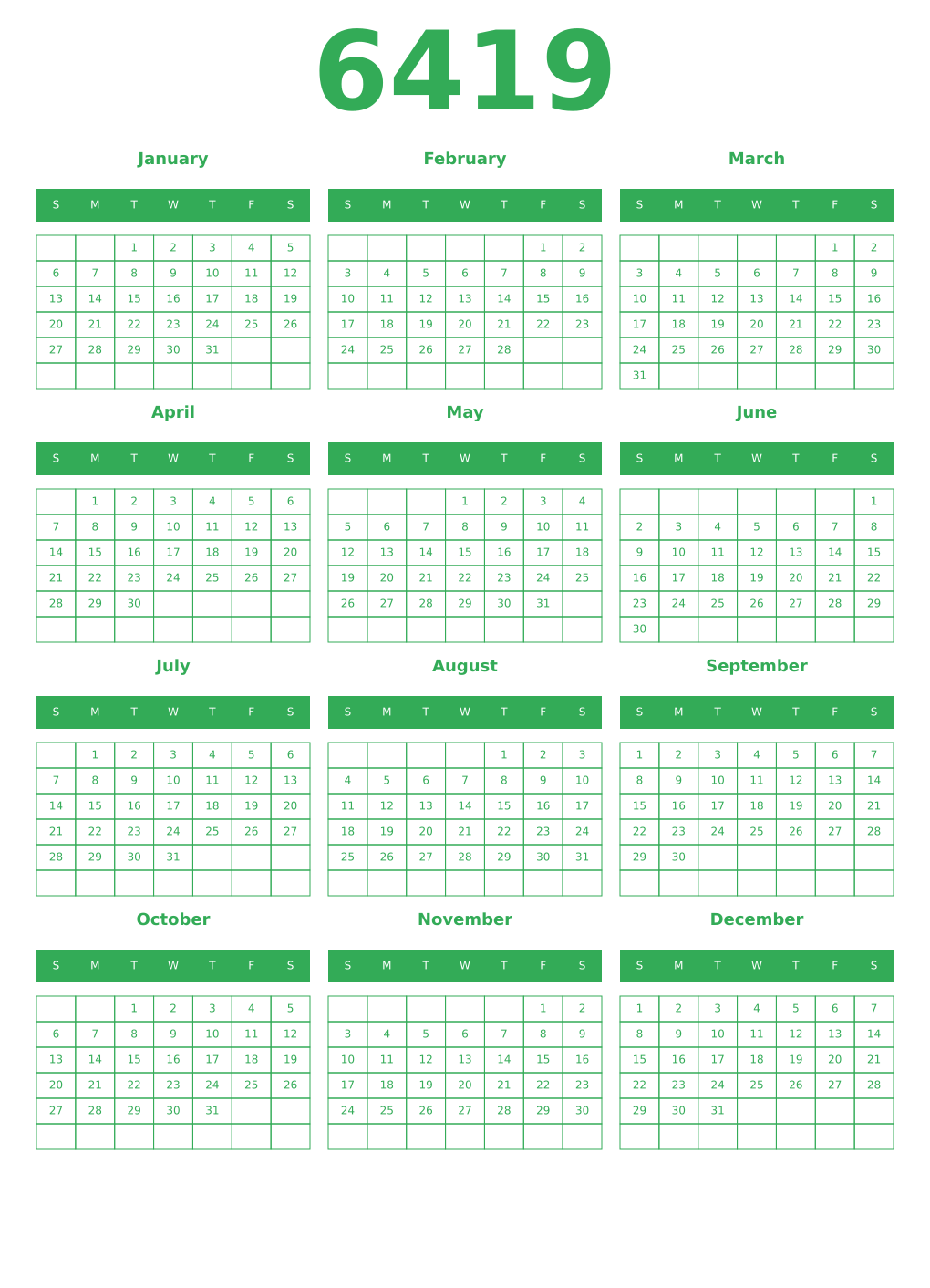 Printable 6419 Year Calendars green