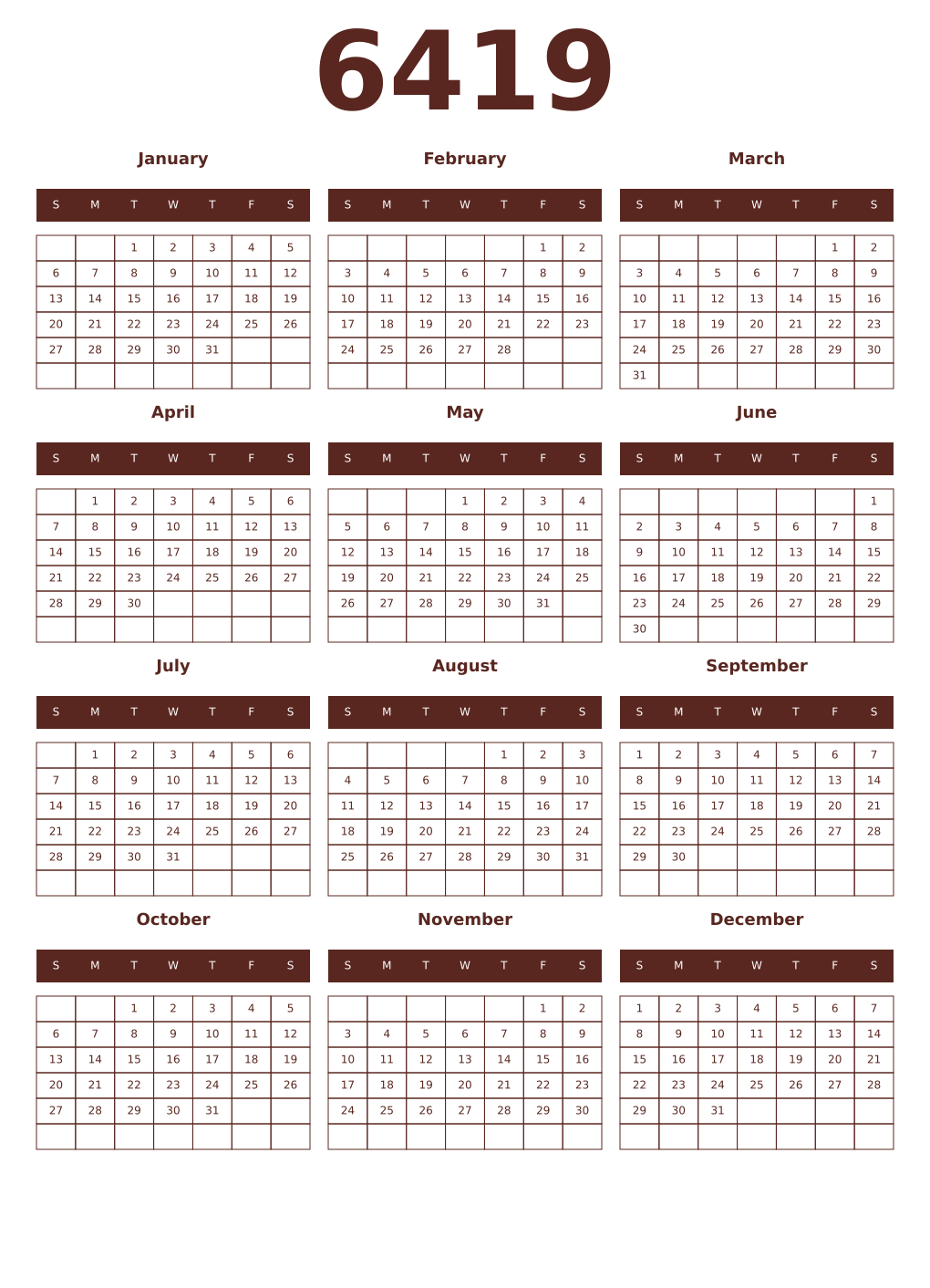 Printable 6419 Year Calendars mortuum