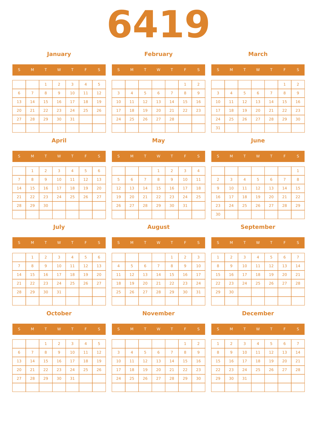 Printable 6419 Year Calendars orange