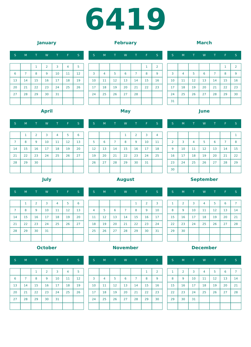 Printable 6419 Year Calendars pastel