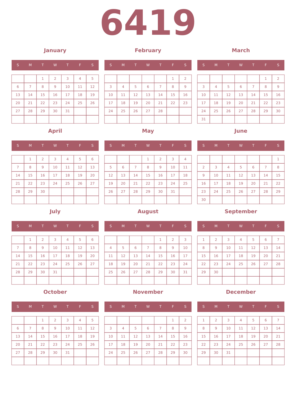 Printable 6419 Year Calendars puce