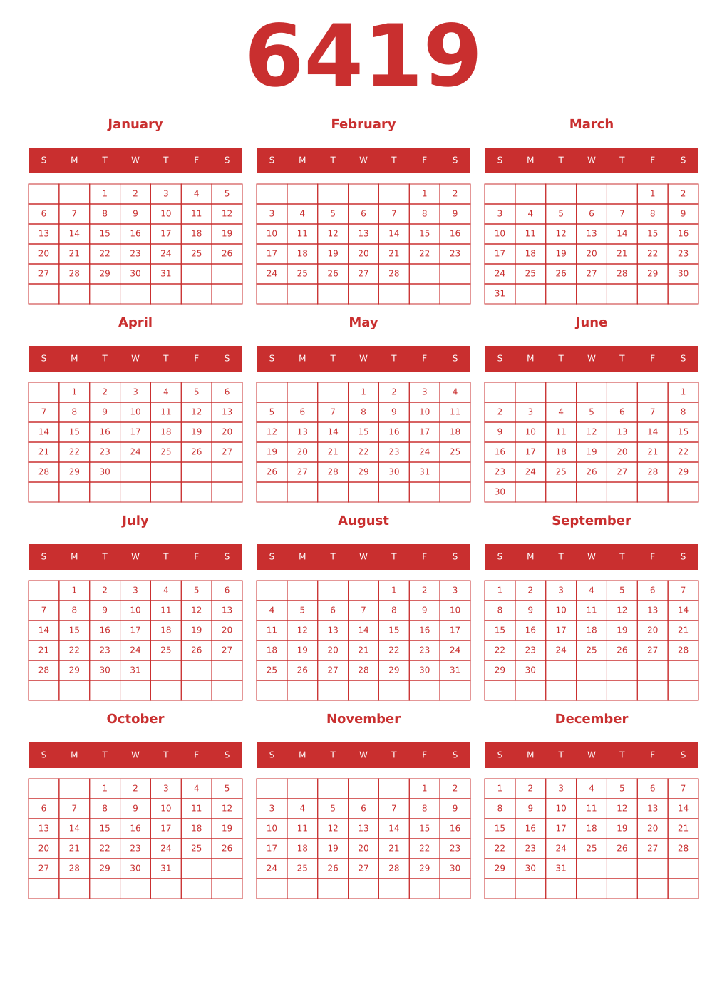 Printable 6419 Year Calendars red