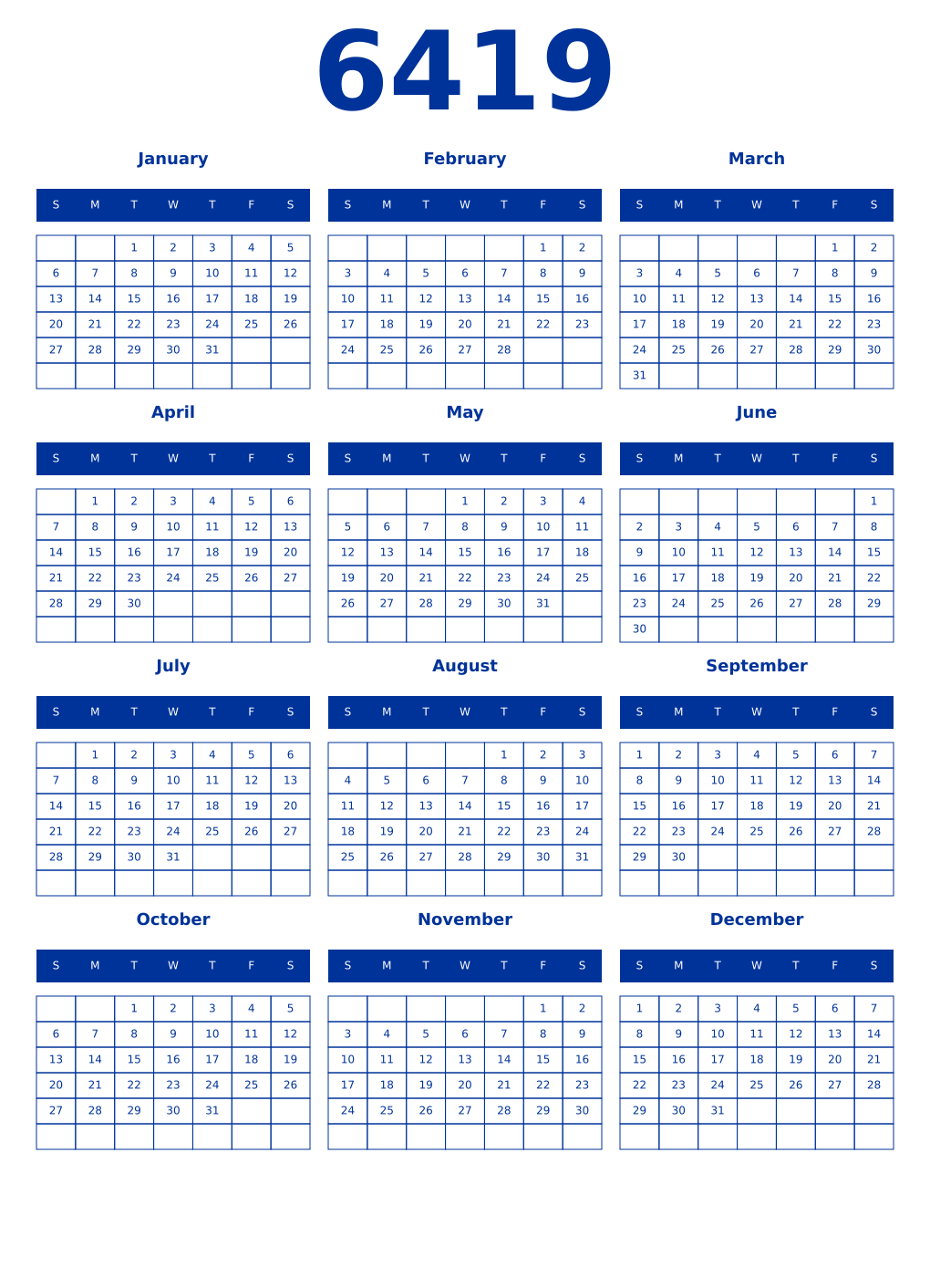 Printable 6419 Year Calendars smalt