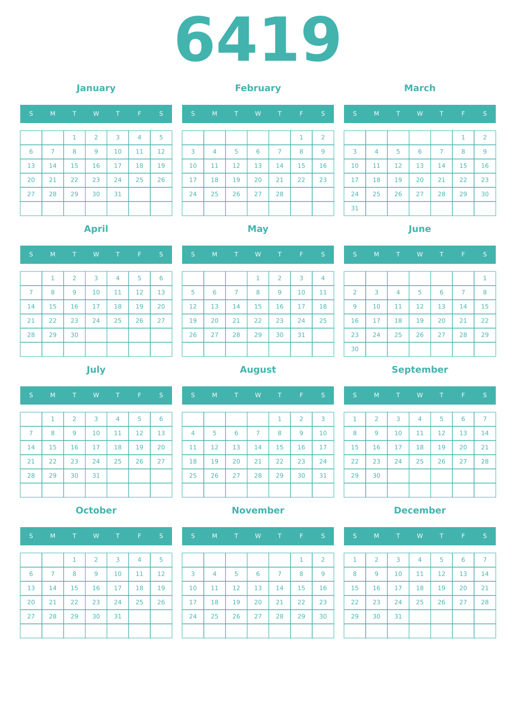 Printable 6419 Year Calendars verdigris