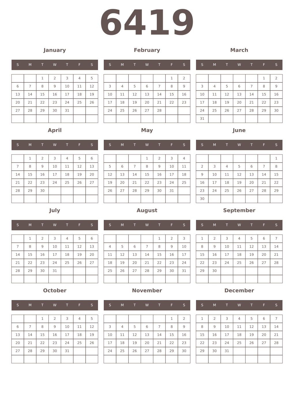 Printable 6419 Year Calendars wenge