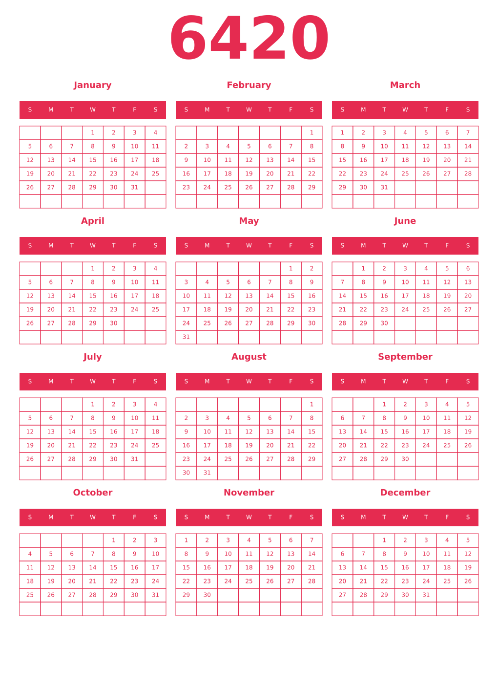 Printable 6420 Year Calendars amaranth