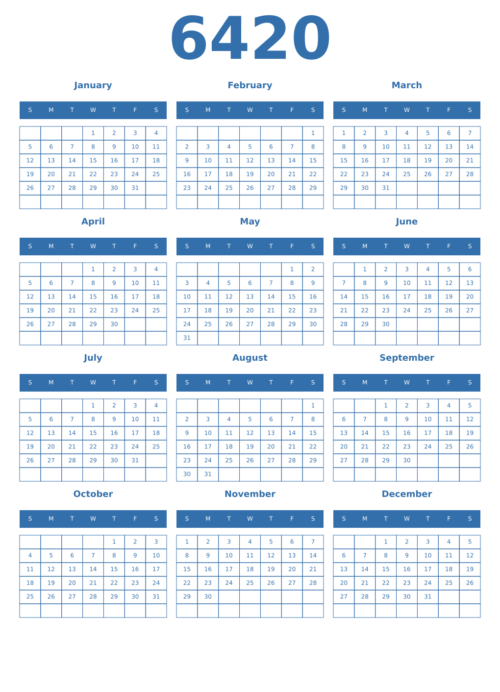 Printable 6420 Year Calendars blue