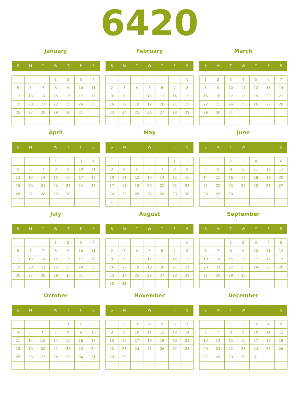 Printable 6420 Year Calendars chartreuse