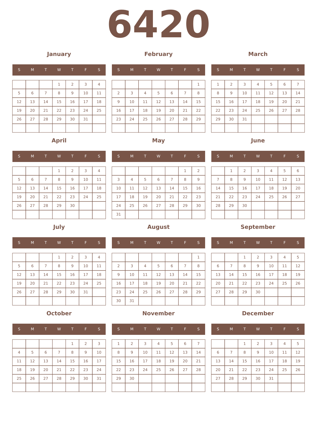 Printable 6420 Year Calendars coffe