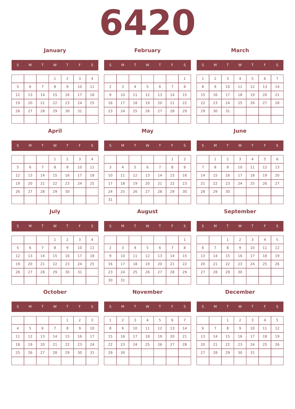 Printable 6420 Year Calendars cordovan