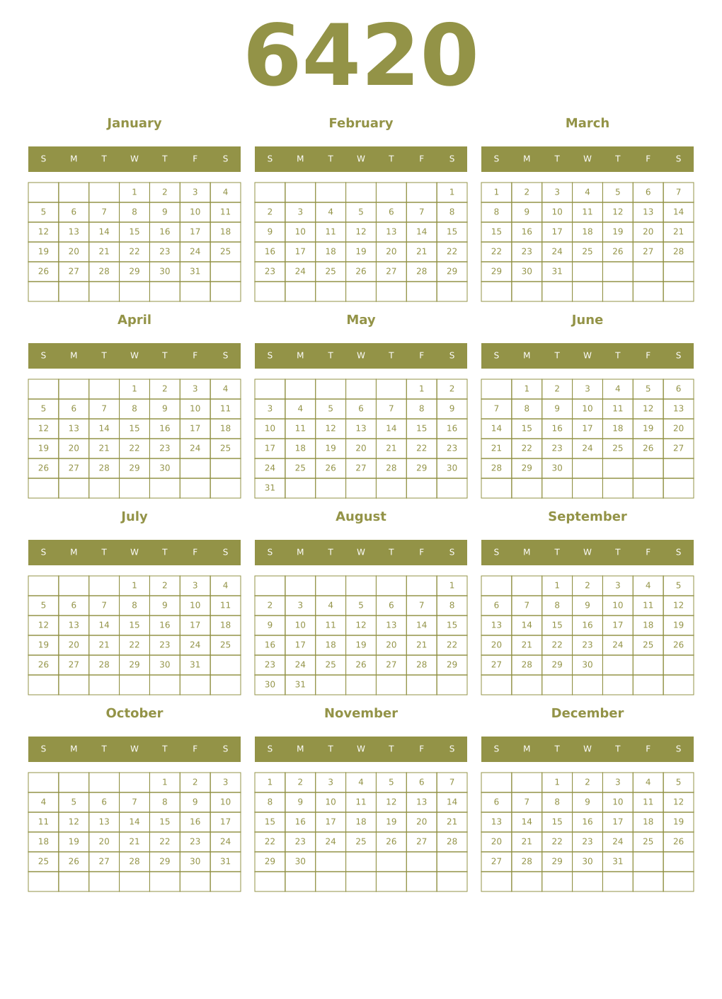 Printable 6420 Year Calendars eburnean
