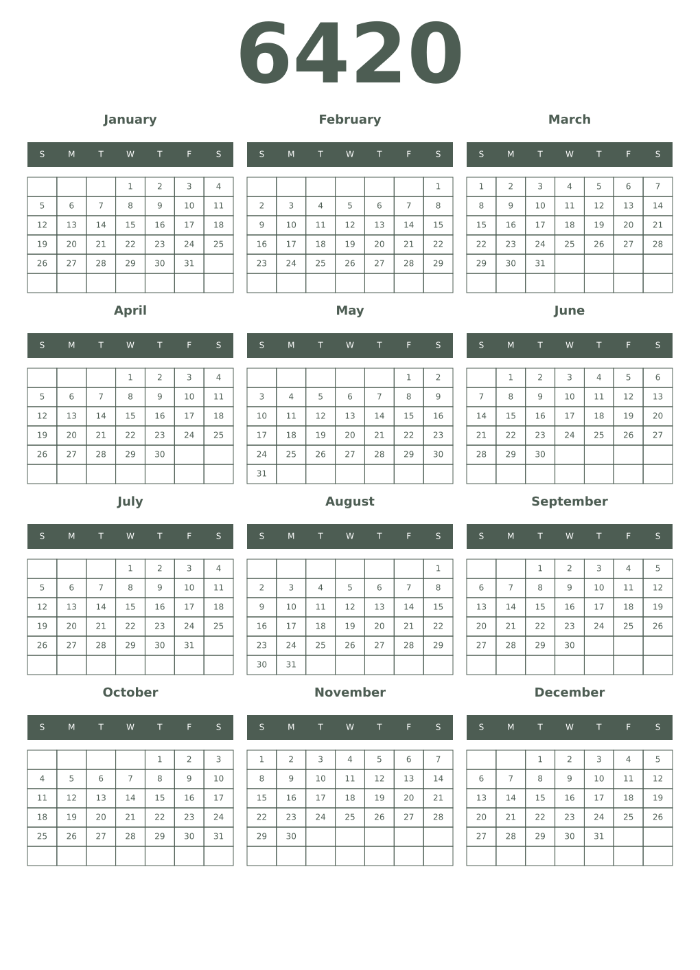 Printable 6420 Year Calendars feldgrau