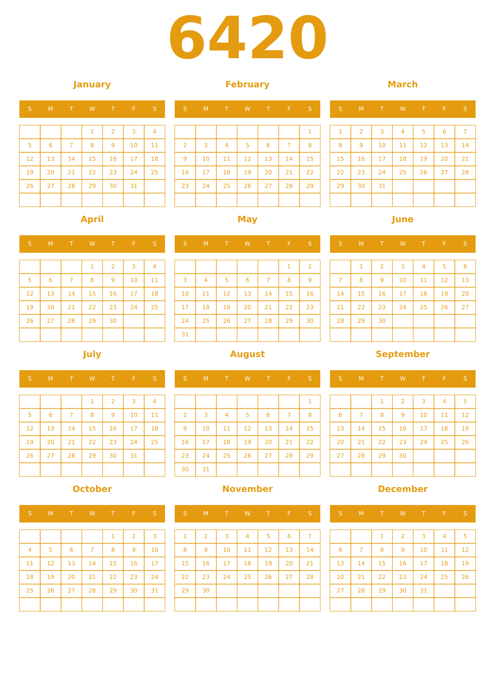 Printable 6420 Year Calendars gamboge