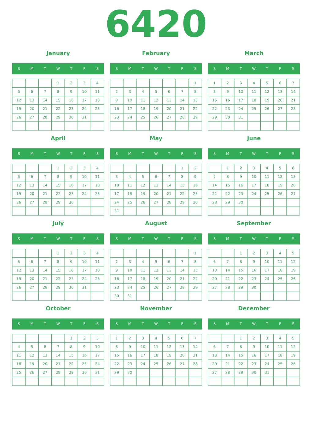 Printable 6420 Year Calendars green