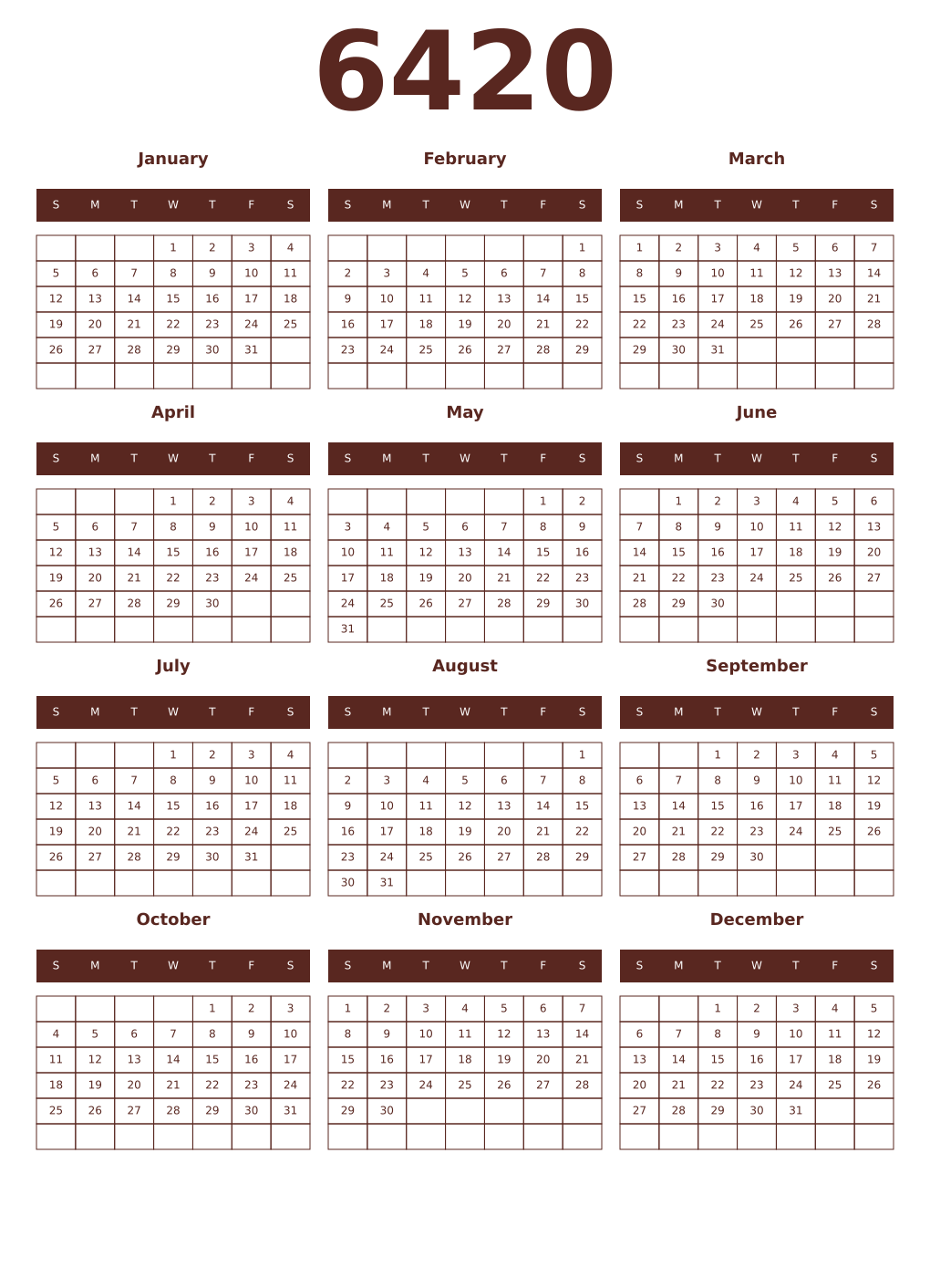 Printable 6420 Year Calendars mortuum