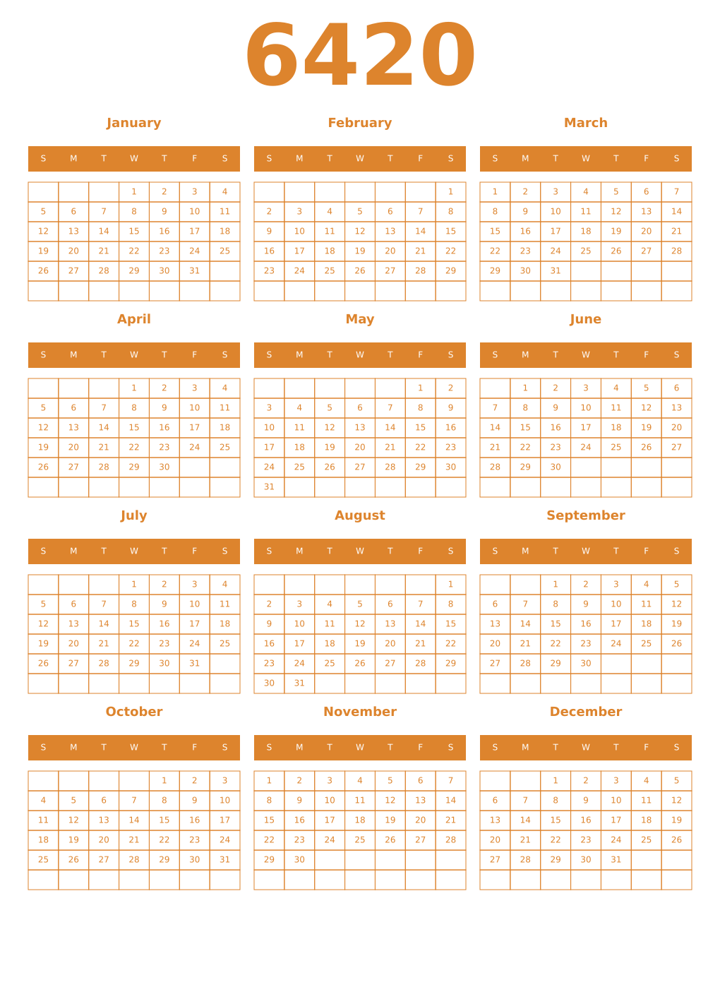 Printable 6420 Year Calendars orange
