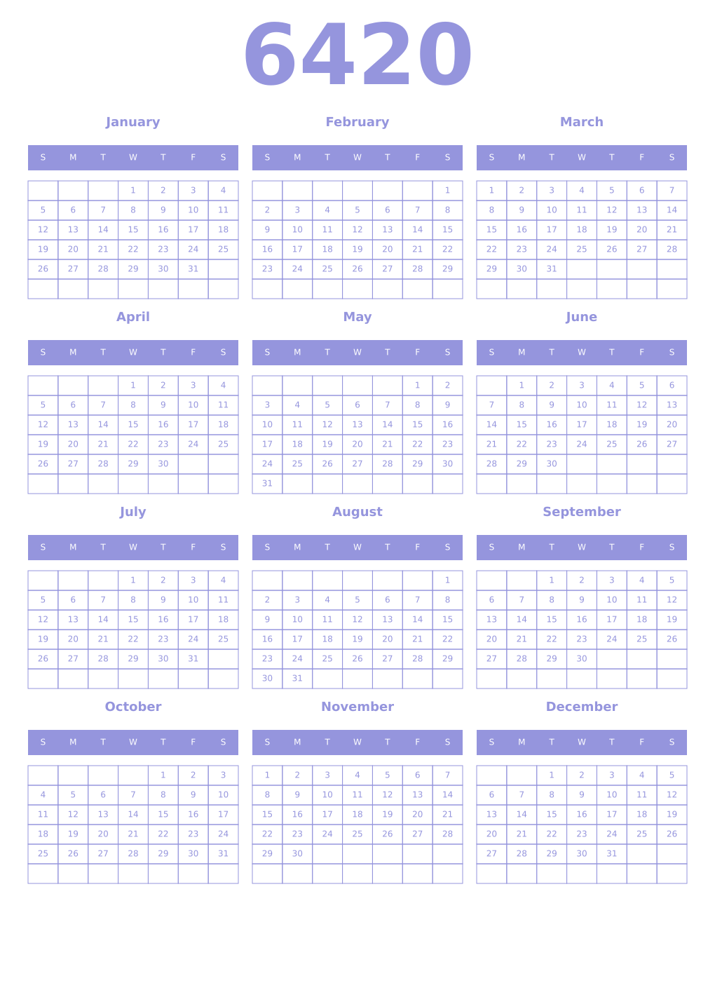 Printable 6420 Year Calendars periwinkle