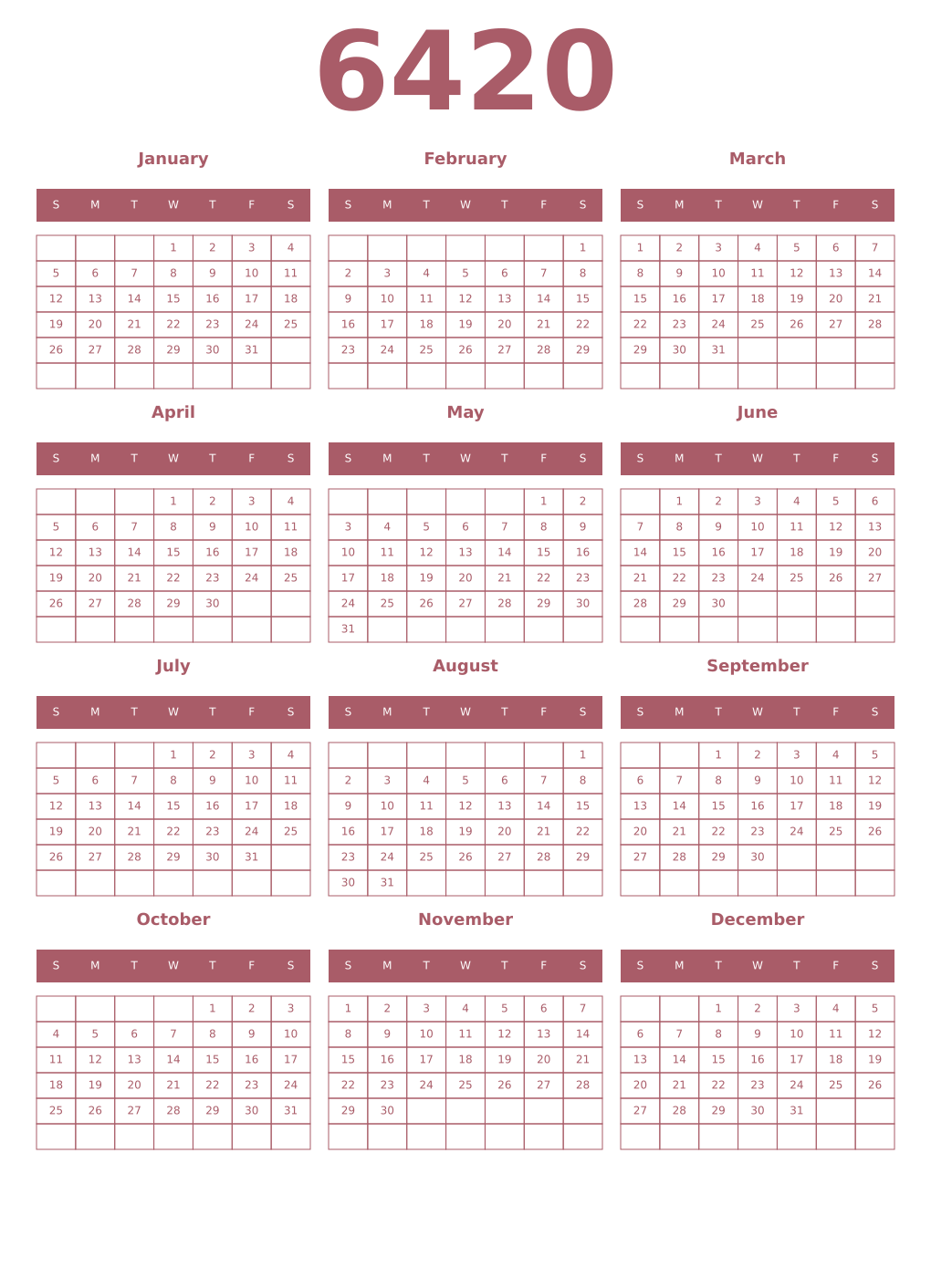 Printable 6420 Year Calendars puce