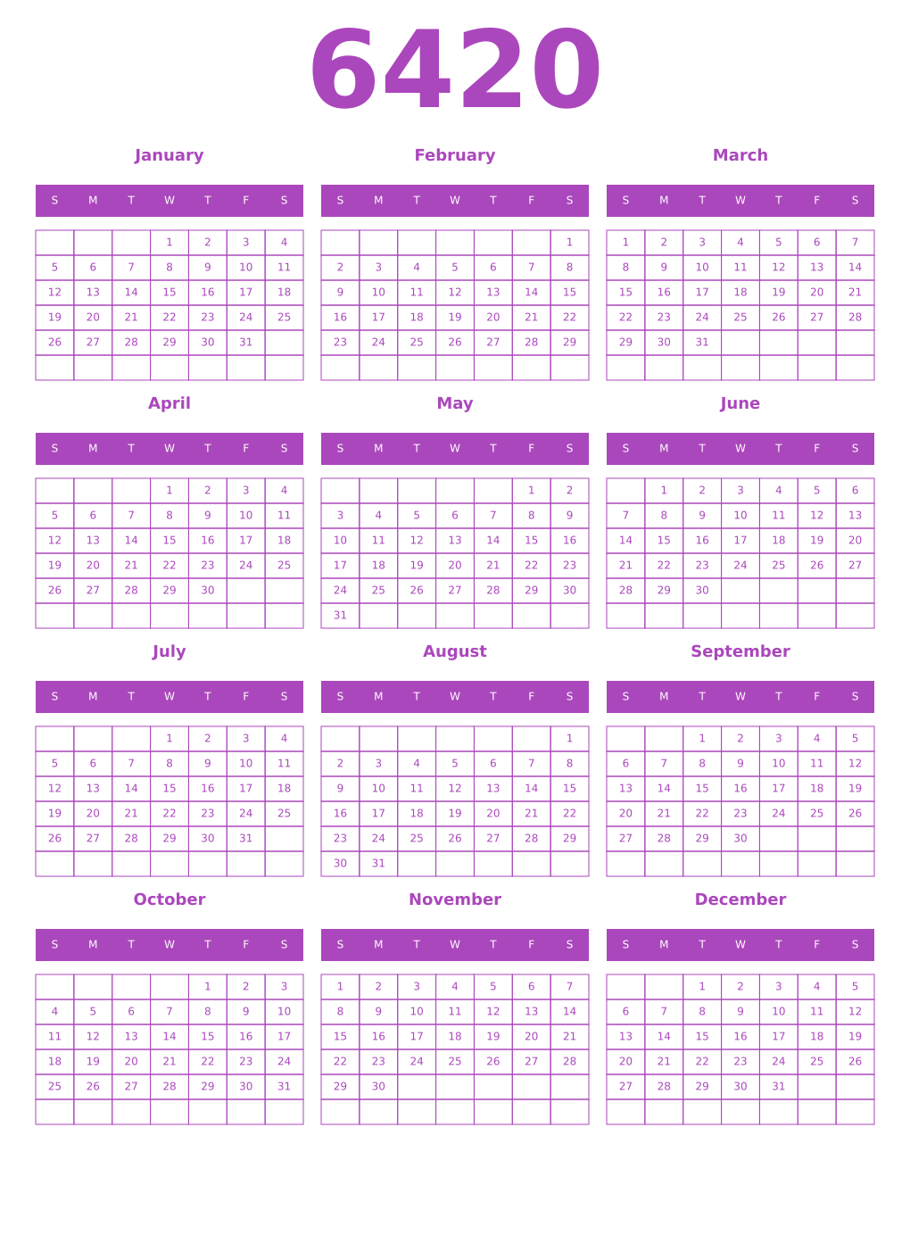 Printable 6420 Year Calendars purple