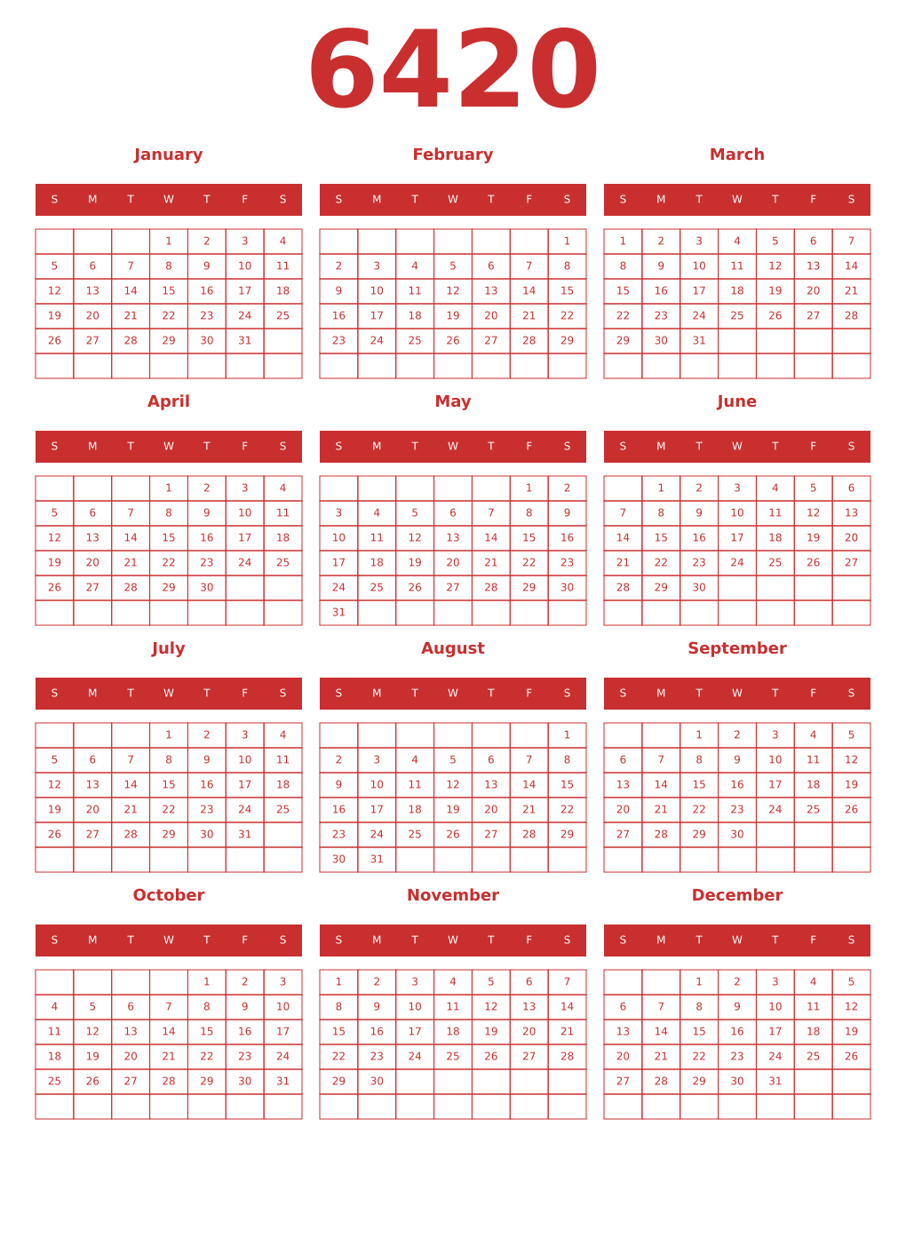 Printable 6420 Year Calendars red
