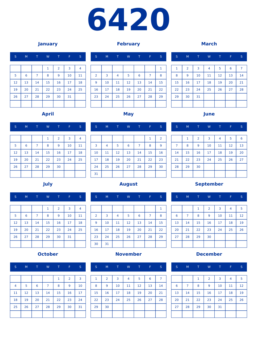 Printable 6420 Year Calendars smalt