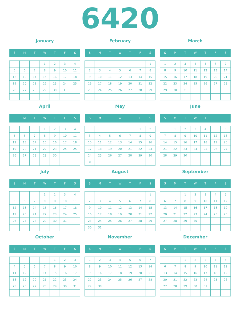 Printable 6420 Year Calendars verdigris