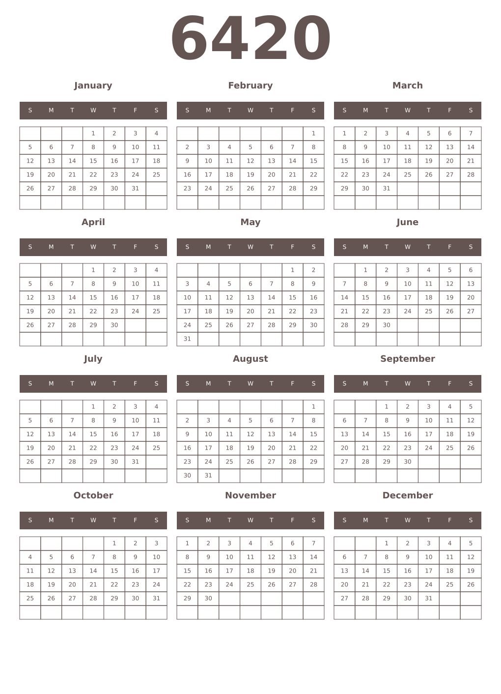 Printable 6420 Year Calendars wenge