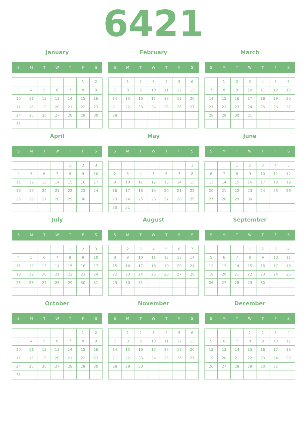 Printable 6421 Year Calendars celadon