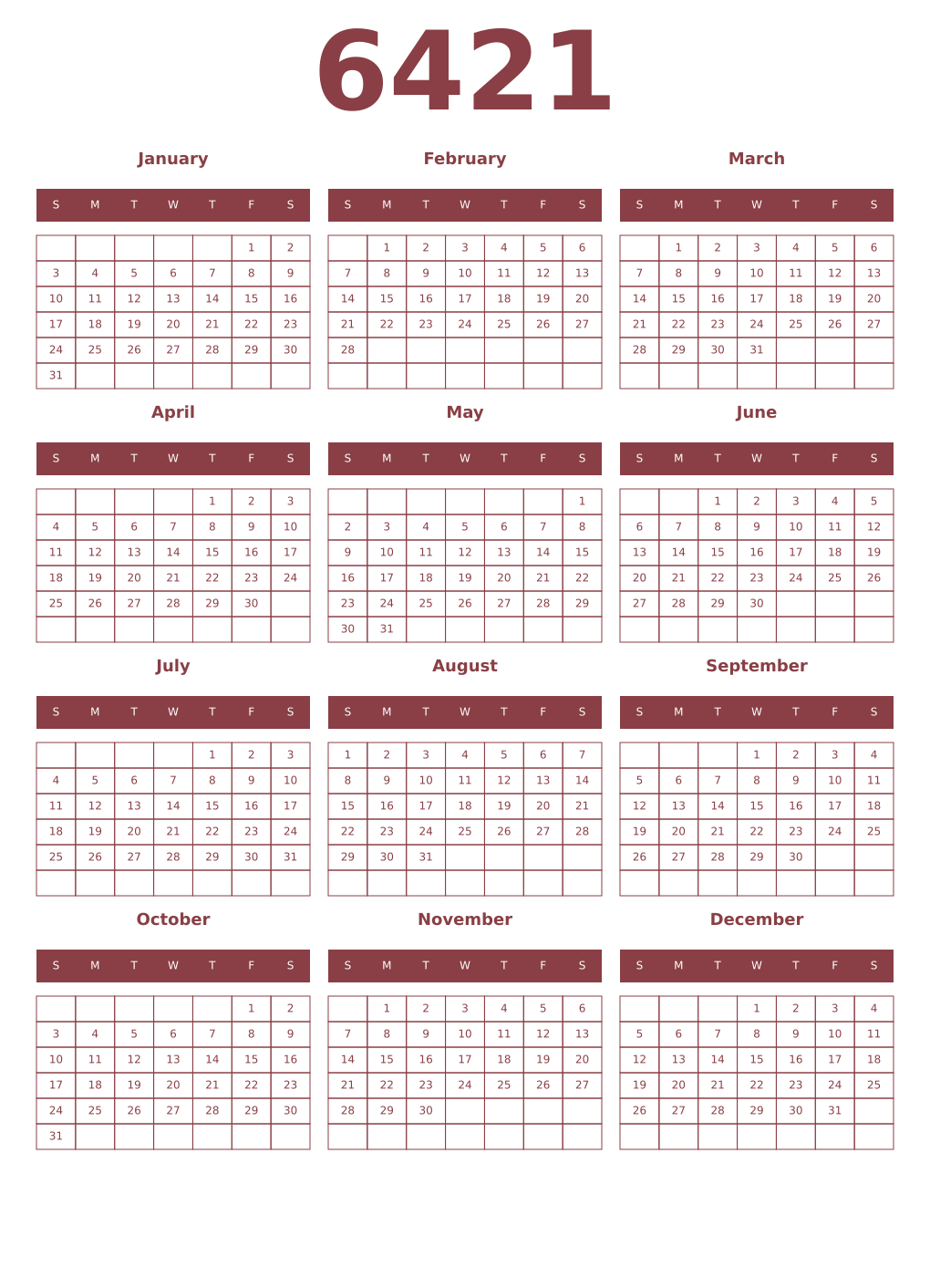 Printable 6421 Year Calendars cordovan