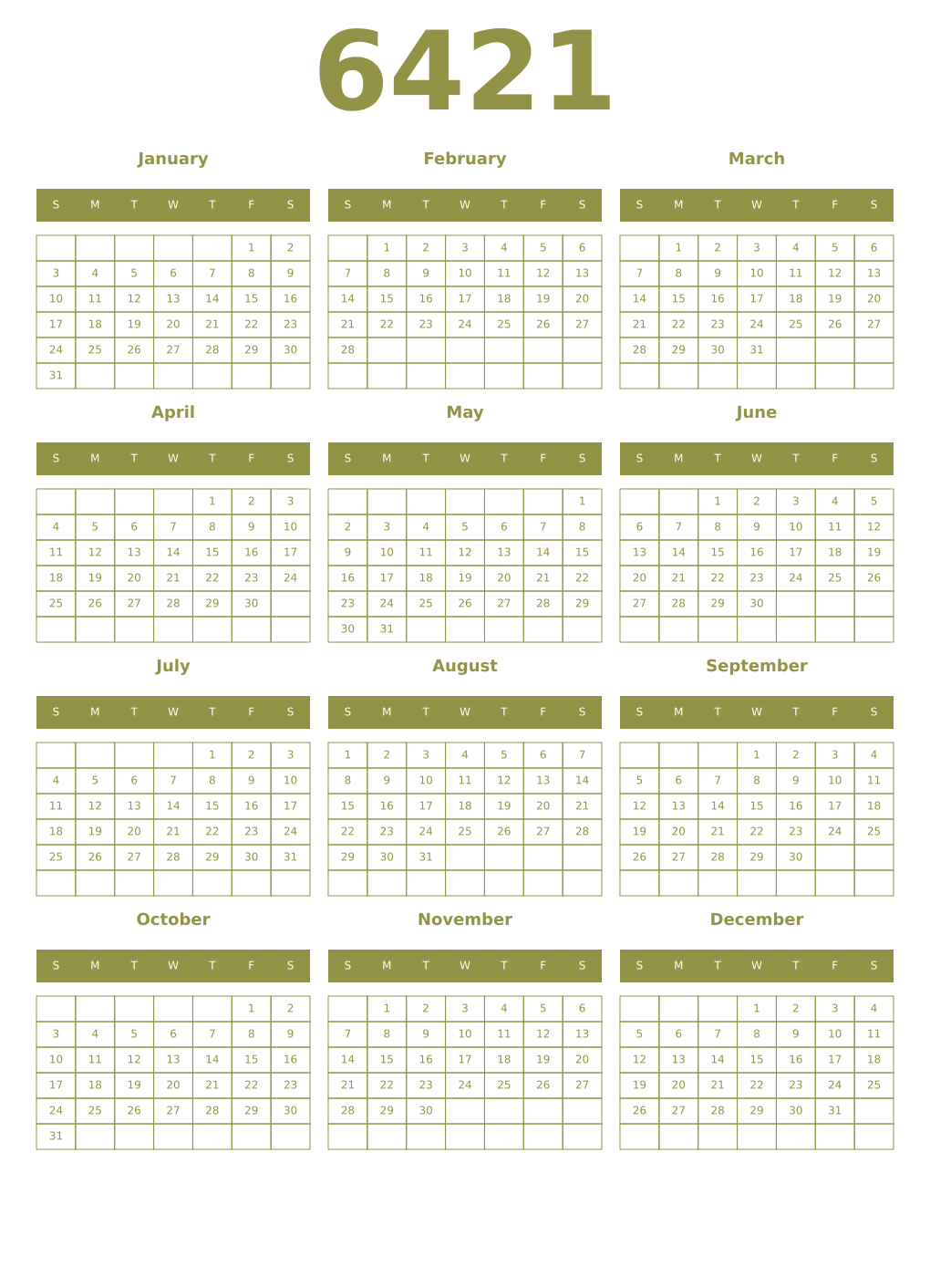 Printable 6421 Year Calendars eburnean
