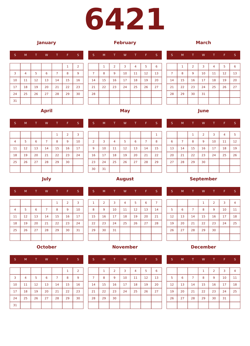 Printable 6421 Year Calendars falu