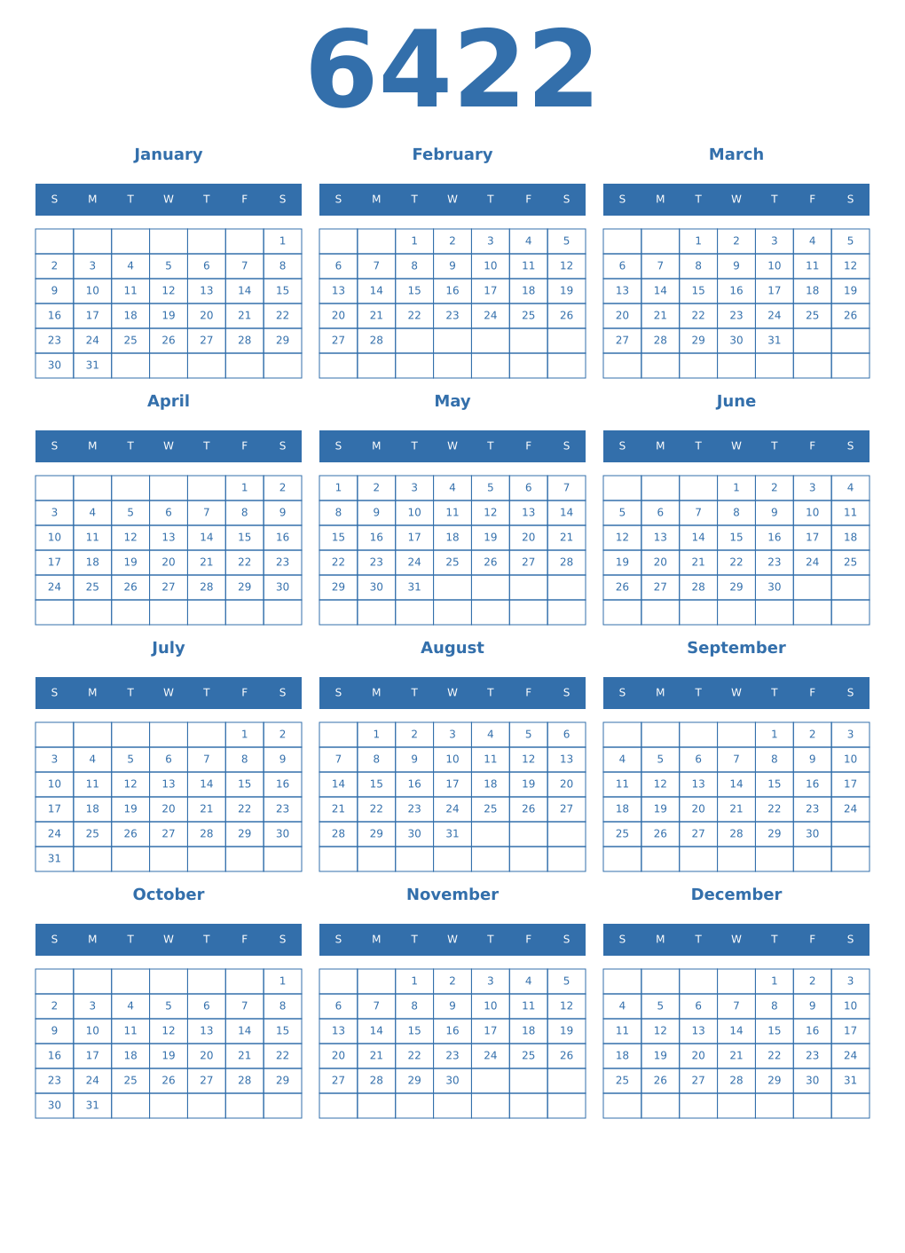 Printable 6422 Year Calendars blue
