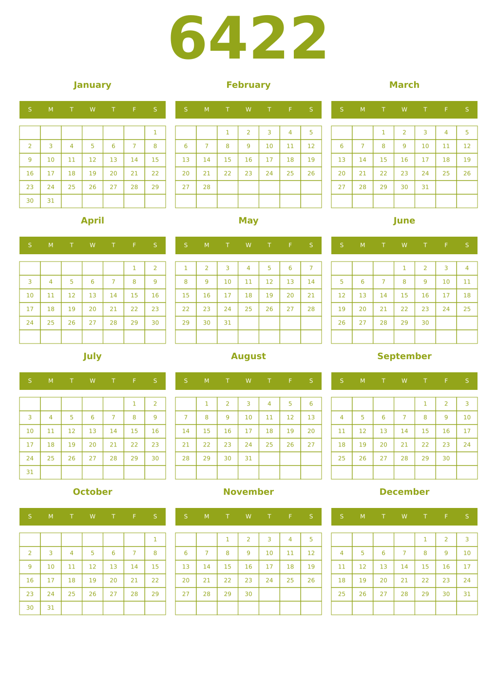Printable 6422 Year Calendars chartreuse