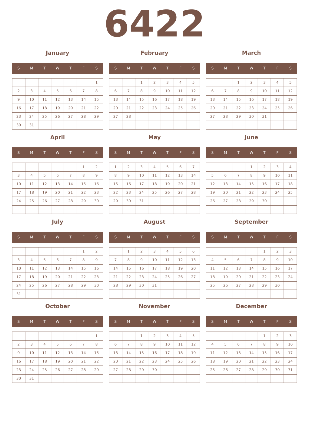 Printable 6422 Year Calendars coffe
