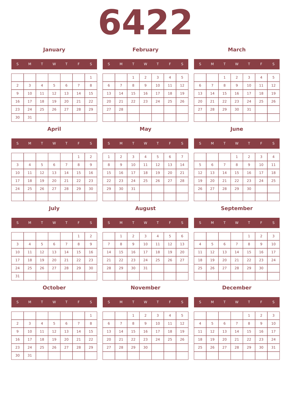 Printable 6422 Year Calendars cordovan