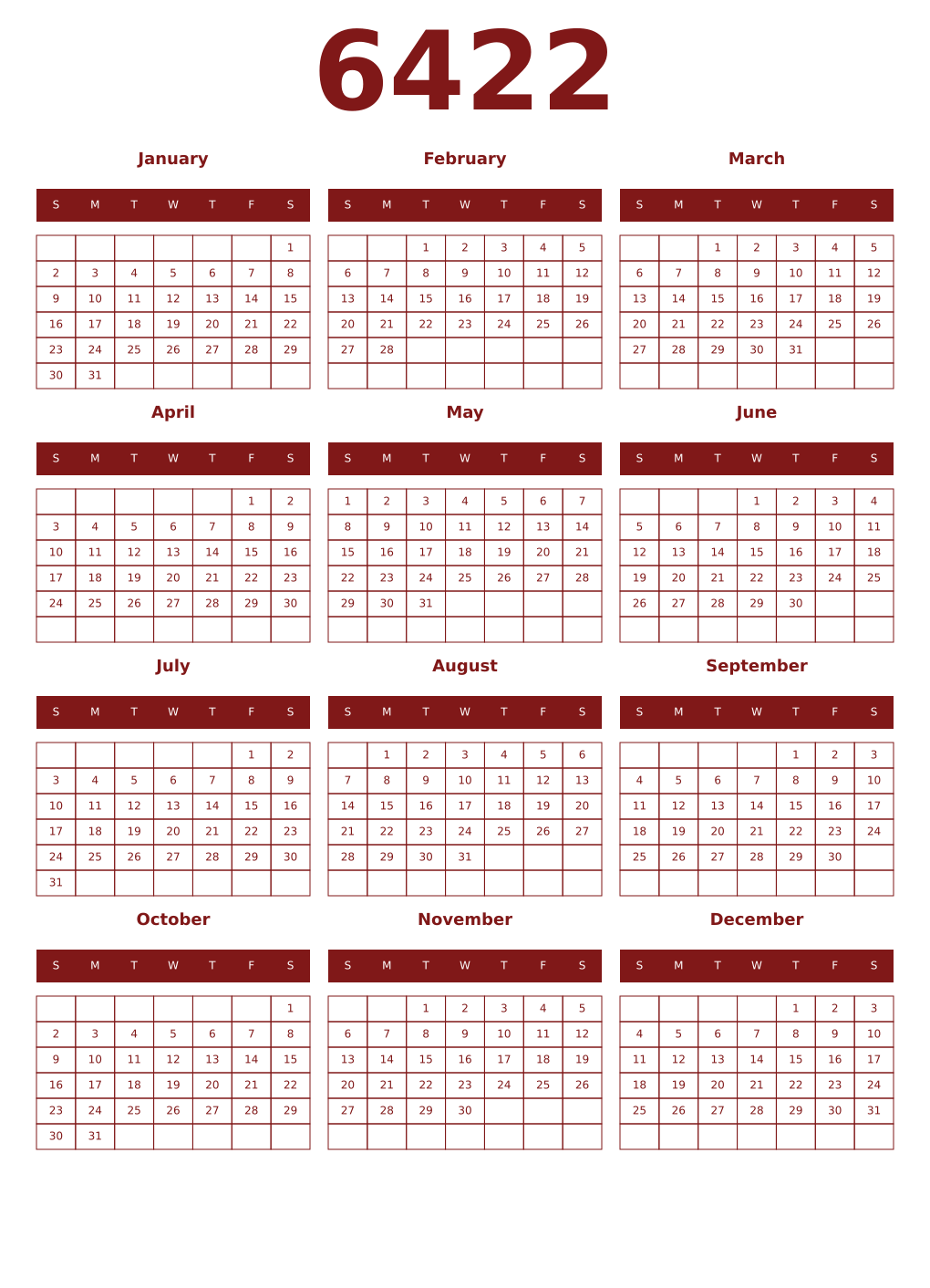 Printable 6422 Year Calendars falu