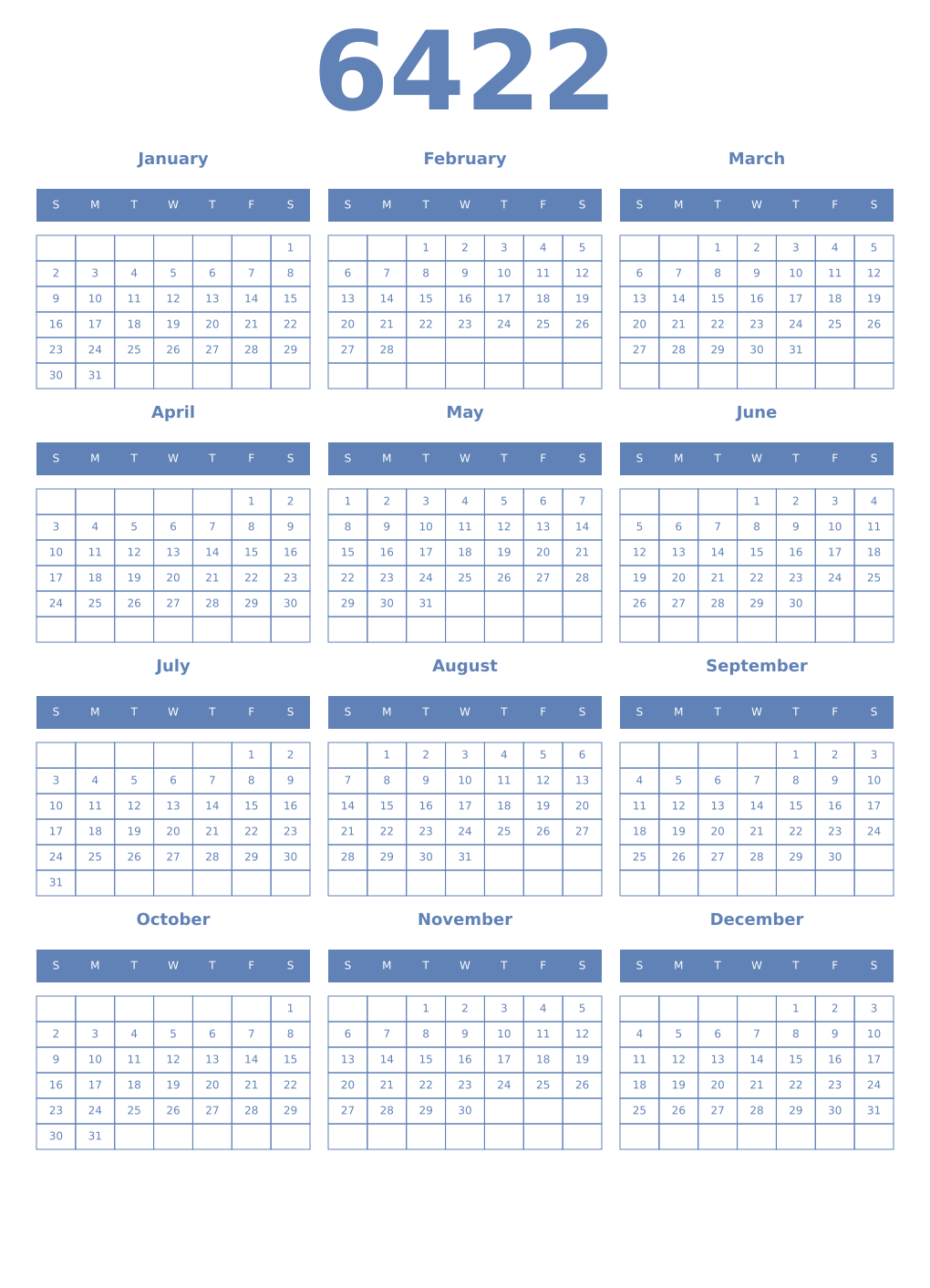 Printable 6422 Year Calendars glaucous