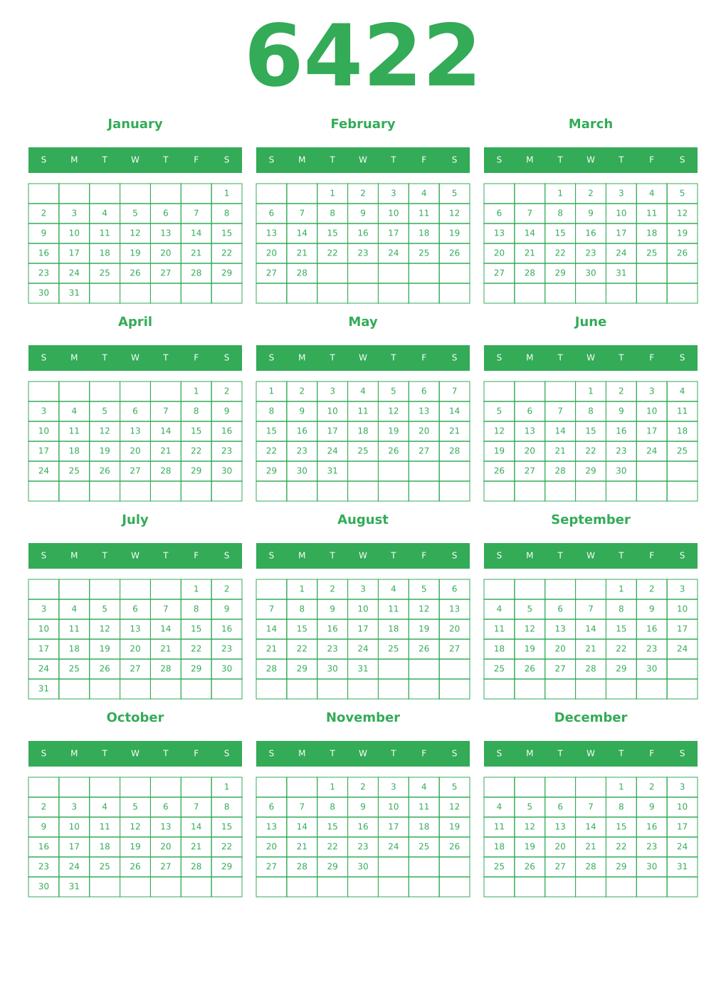 Printable 6422 Year Calendars green