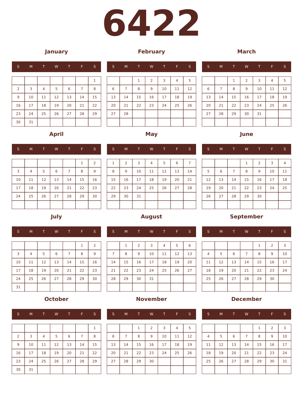 Printable 6422 Year Calendars mortuum