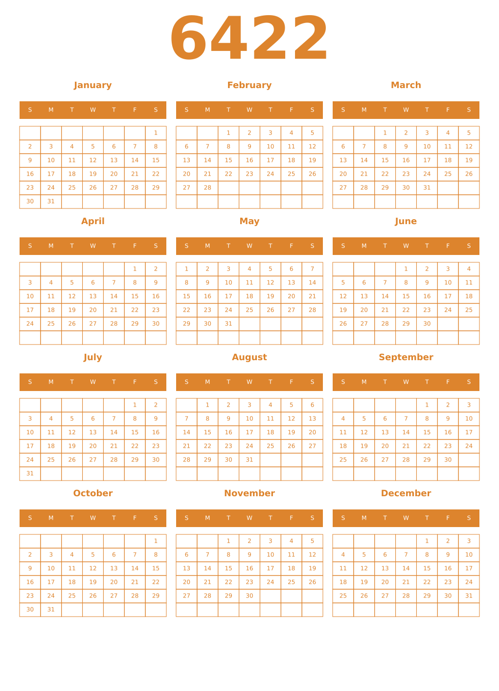 Printable 6422 Year Calendars orange