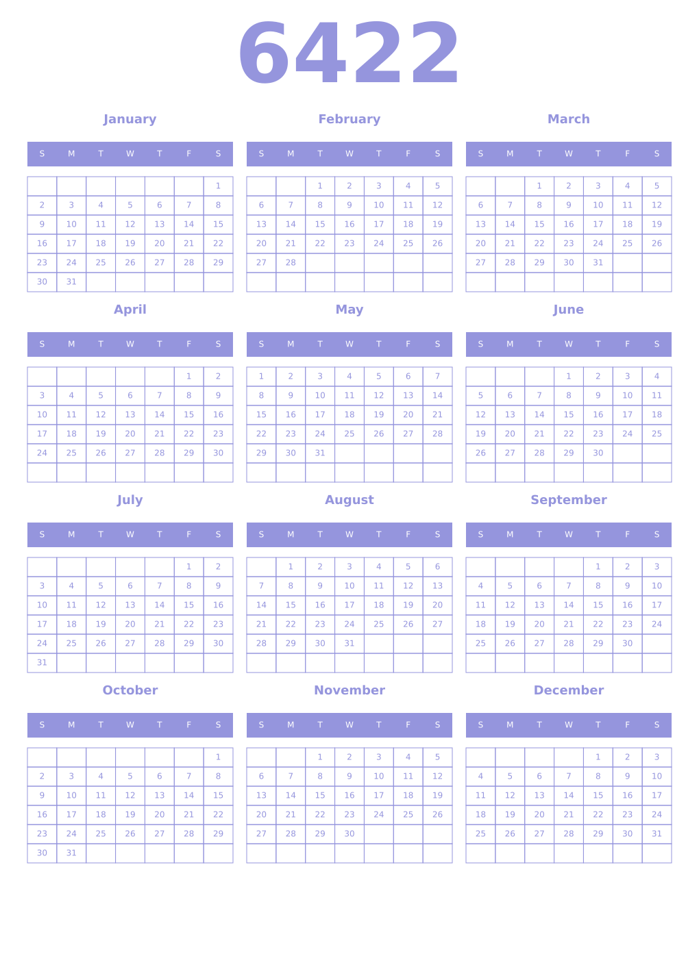 Printable 6422 Year Calendars periwinkle