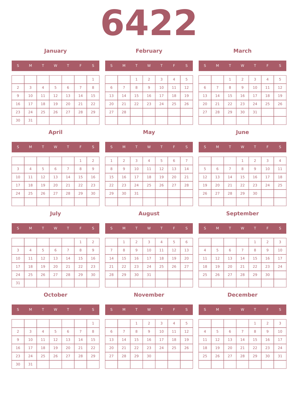 Printable 6422 Year Calendars puce