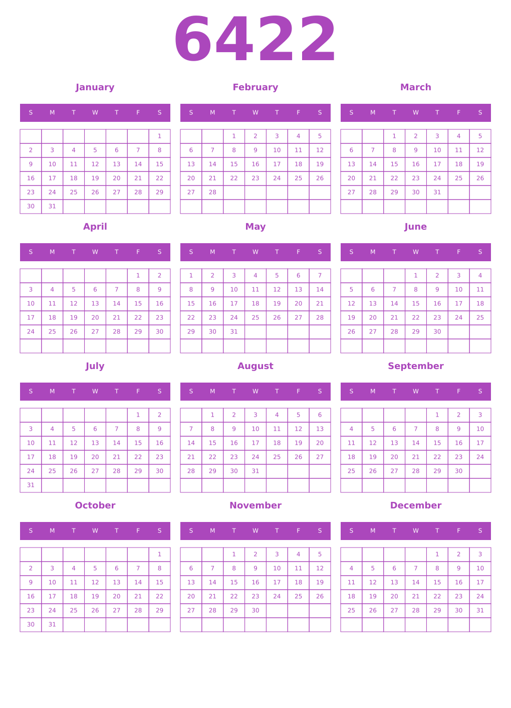 Printable 6422 Year Calendars purple
